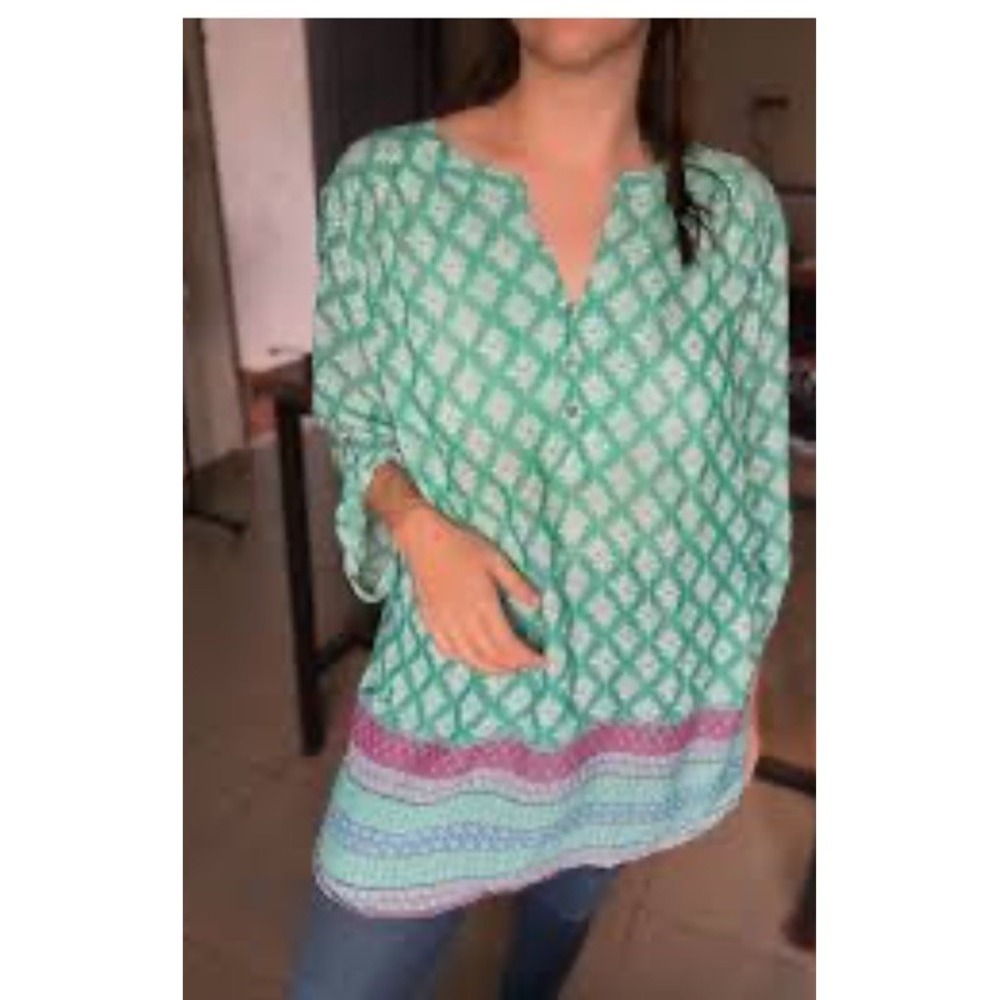 Faded Glory 1x Peasant Blouse Womens Plus Geometric Print Multicolor Top 16w